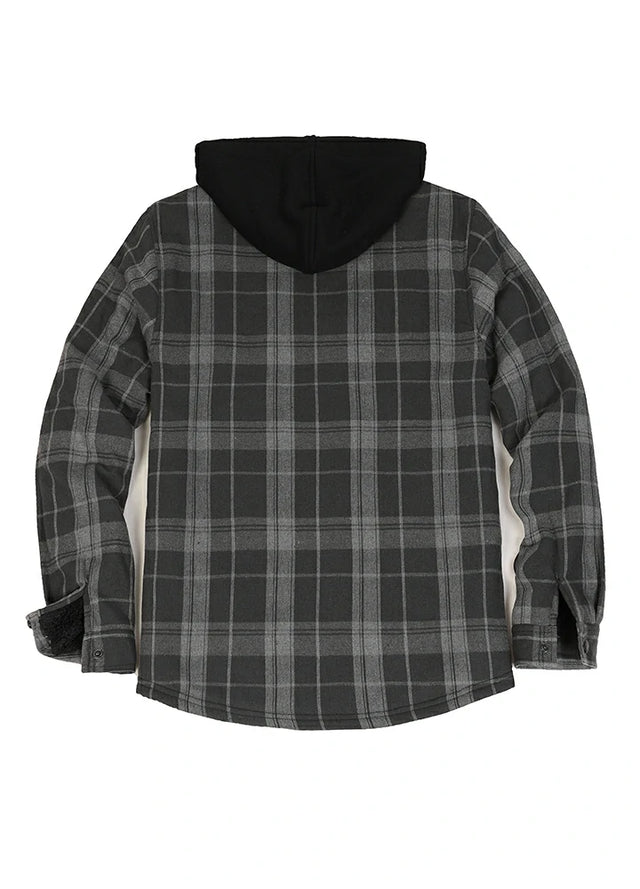 Back view of a gray men's stylish sherpa-lined cozy flannel hoodie