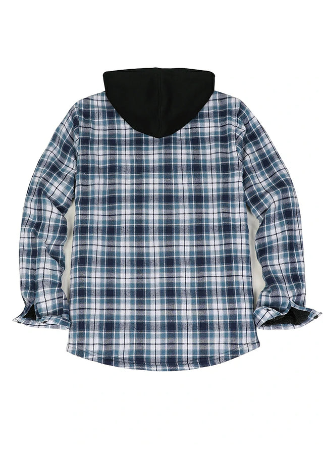Back view of blue white men's stylish sherpa-lined cozy flannel hoodie