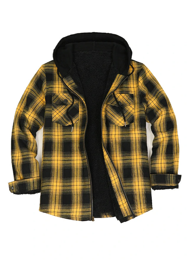 Front view of a yellow and black men's sherpa lined flannel jacket with a hood