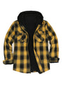Front view of a yellow and black men's sherpa lined flannel jacket with a hood
