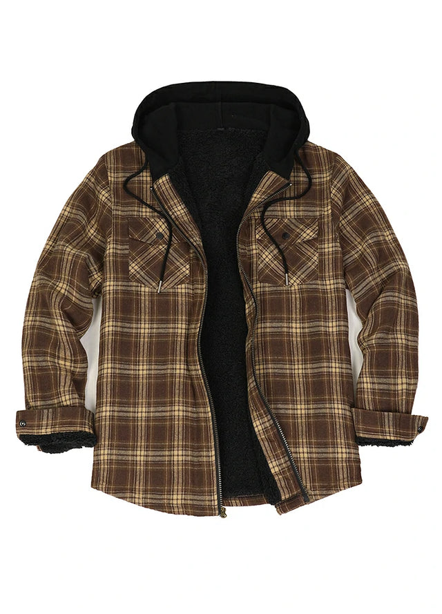 Front view of chocolate men's zipper flannel shirt jacket with hood