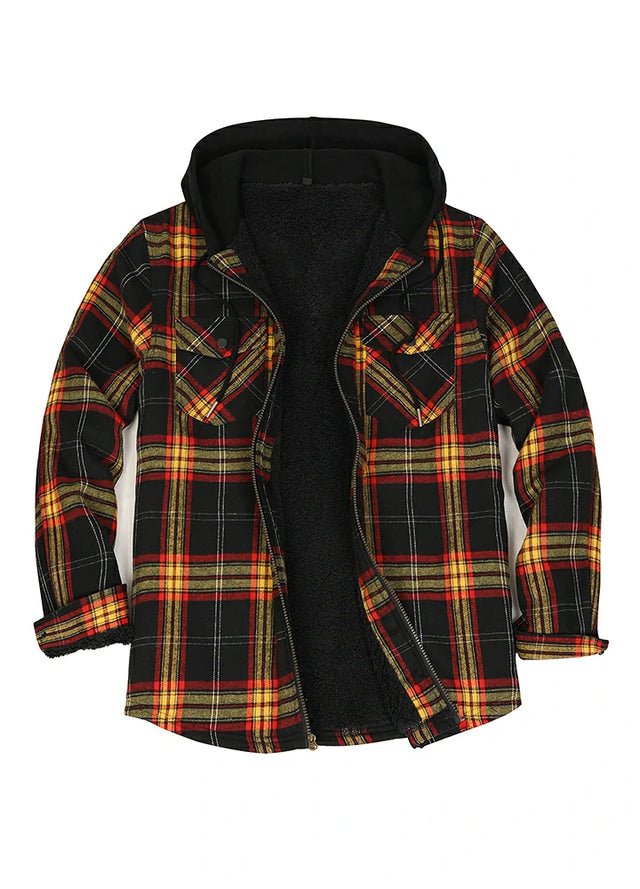 Front view of red and black men's zipper flannel shirt jacket with hood