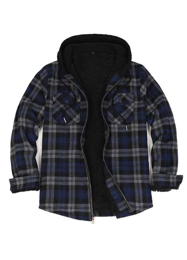 Front view of blue-gray men's zipper flannel shirt jacket with hood