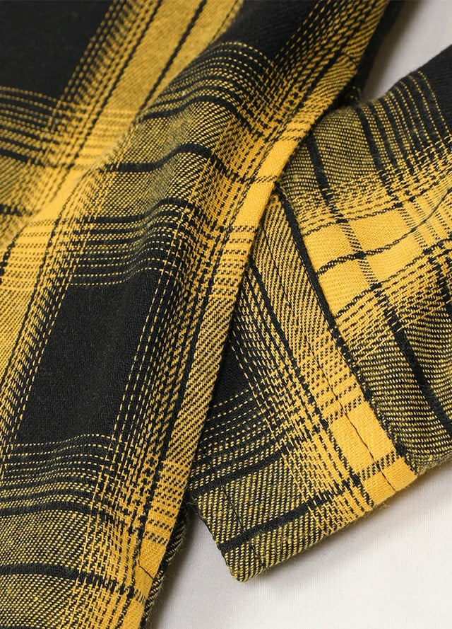 Close-up of the seam pocket of a yellow and black men's sherpa-lined zipper shirt jacket