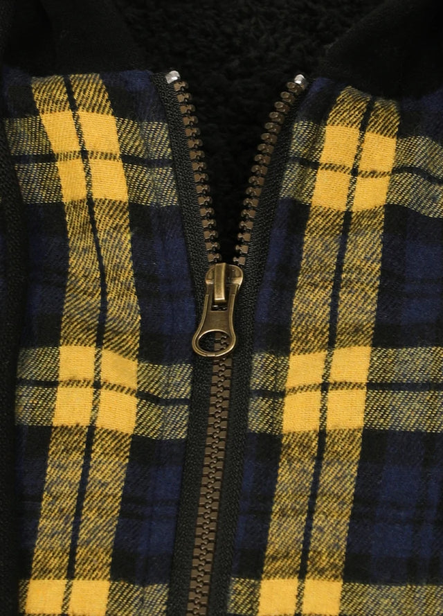 Close-up of the zipper of a yellow navy men's insulated flannel shirt jacket with a hood