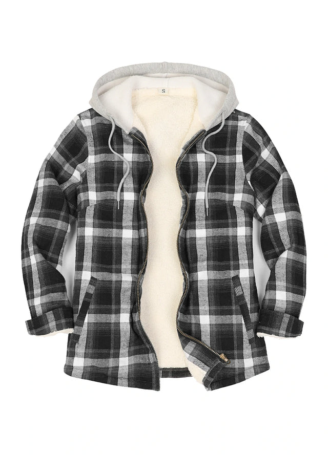 Women's Sherpa-Lined Full Zip Up Flannel Jacket with Fleece Hood