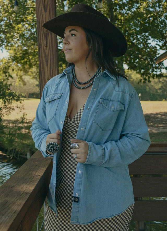 Women's Retro Pearl Snap Denim Western Shirt