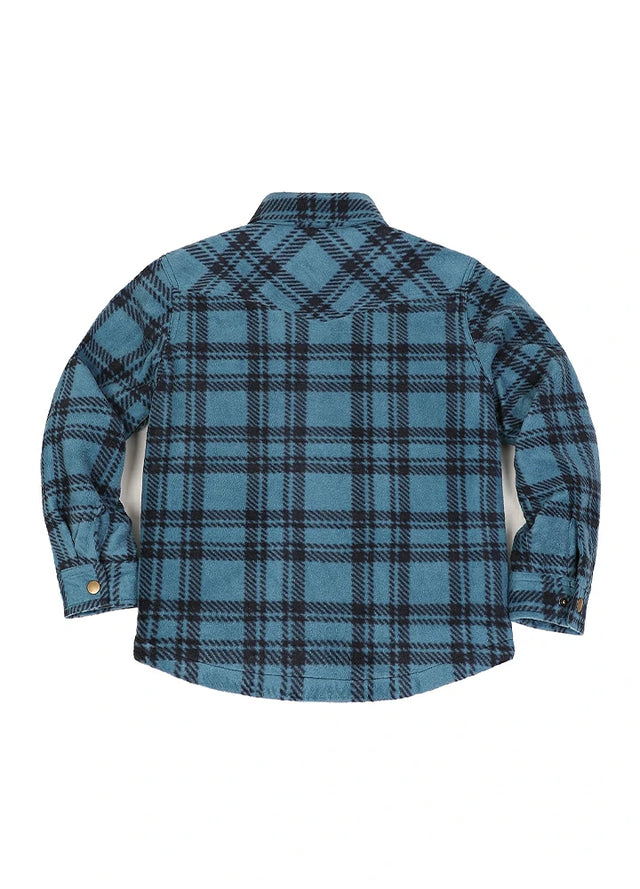 A long-sleeve plaid flannel shirt shown from the back, featuring a blue and black tartan pattern on a white background.