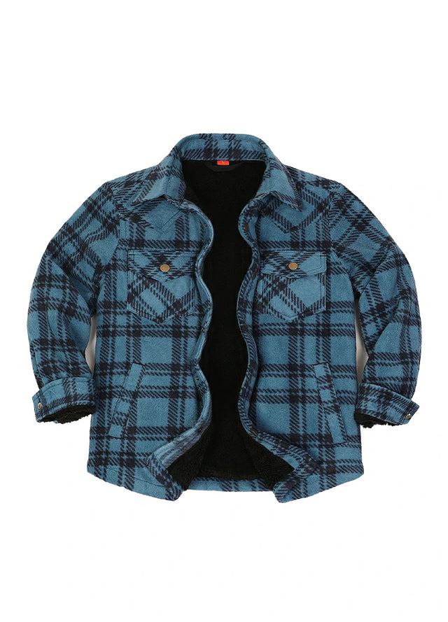 A blue and black plaid overshirt jacket with a black fleece lining, displayed flat against a solid white background.