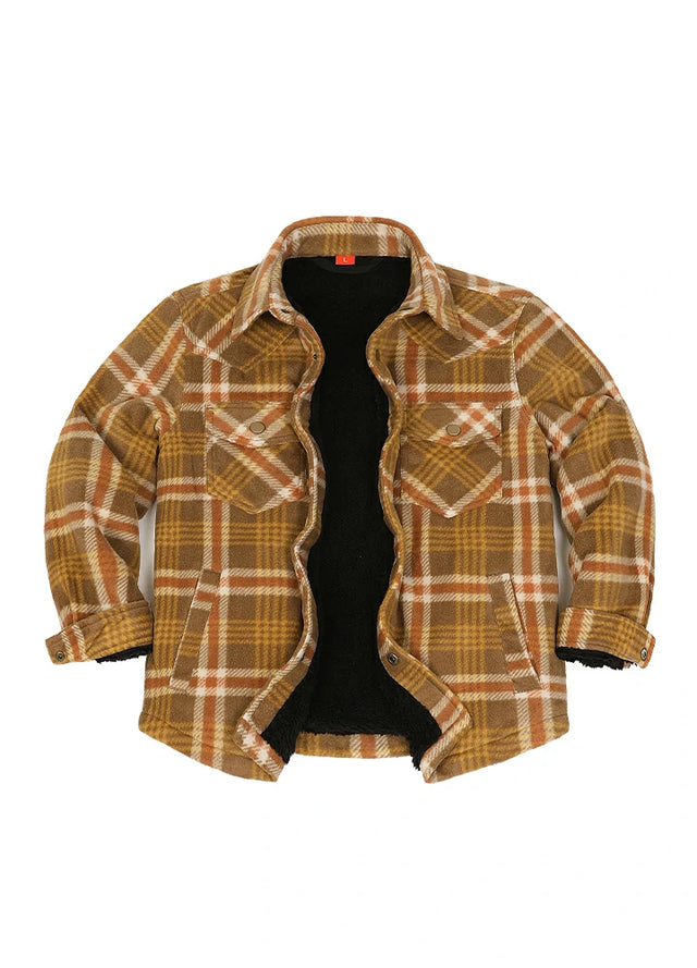 A brown and beige plaid overshirt jacket with a black fleece lining, displayed flat against a solid white background.