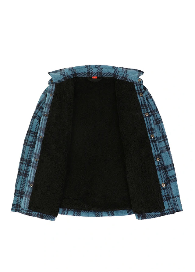 A button-front flannel shirt jacket with a black sherpa fleece lining, featuring blue and black plaid fabric on the outside.