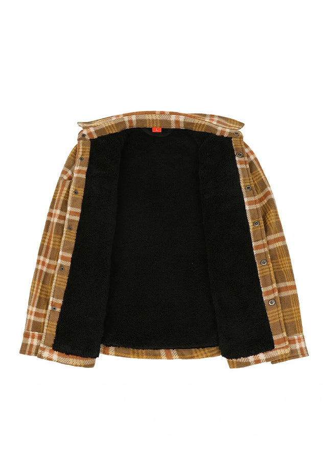 A hooded button-up shirt jacket featuring a black sherpa fleece lining and tan, brown, and white plaid flannel sleeves and hood.
