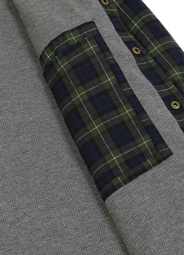 Close-up of a gray textured knit garment with a green and navy plaid patch pocket and matching plaid button placket-XR1302SGLL-S,XR1302SGLL-M,XR1302SGLL-L,XR1302SGLL-XL,XR1302SGLL-XXL