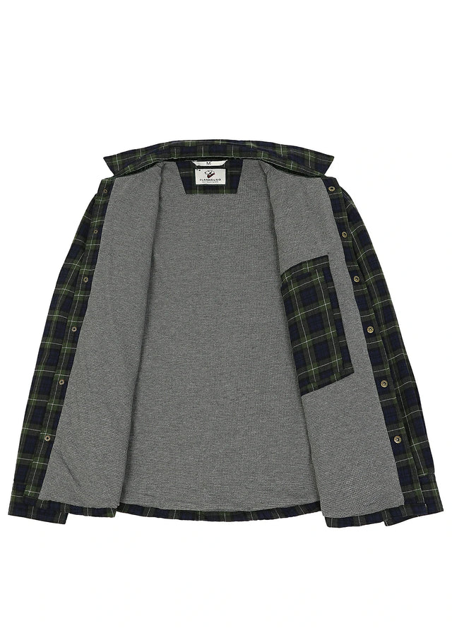 Open view showing the lining of tartan green men's thermal lined flannel shirt jacket-XR1302SGLL-S,XR1302SGLL-M,XR1302SGLL-L,XR1302SGLL-XL,XR1302SGLL-XXL