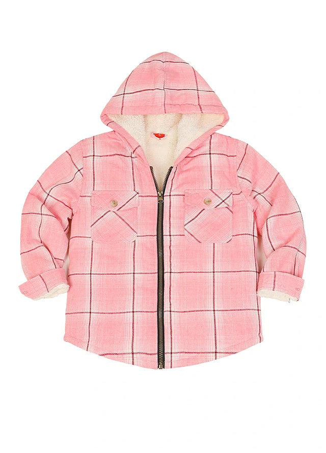 Front view of a pink white kids flannel jacket-XR1302FenG-S,XR1302FenG-M,XXR1302FenG-L,XR1302FenG-XL