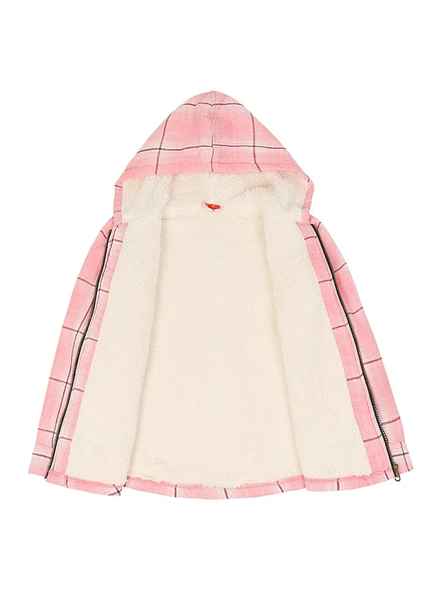 Front view of the lining of a pink kids flannel jacket-XR1302FenG-S,XR1302FenG-M,XXR1302FenG-L,XR1302FenG-XL