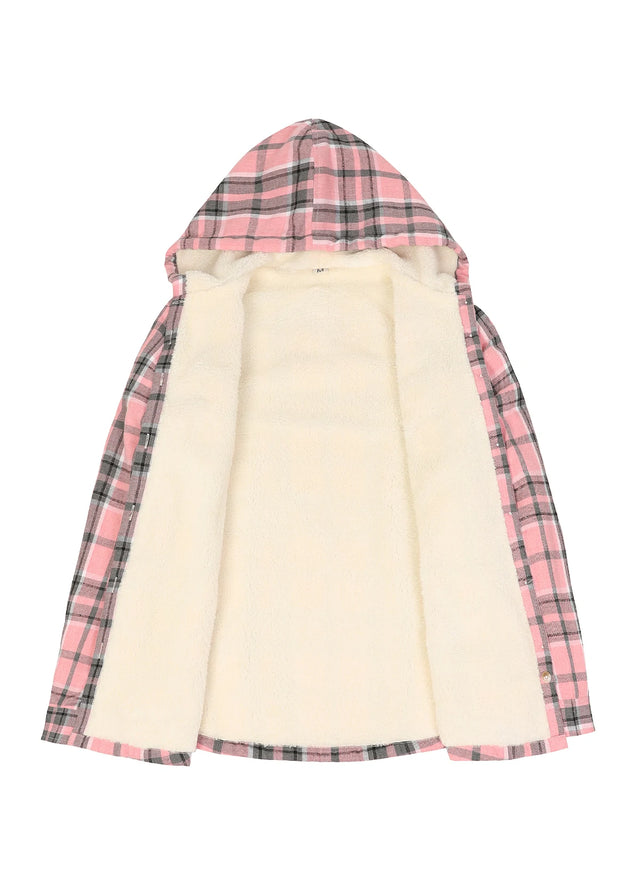 Women's Sherpa Lined Flannel Jacket with Hood, Button Up Plaid