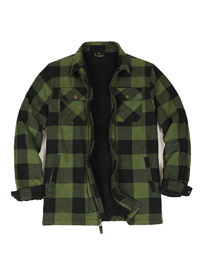 Front view of army green men's fleece lined flannel shirt jacket