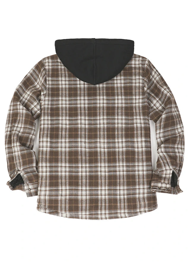 Back view of the coffee white men's sherpa lined hooded flannel jacket