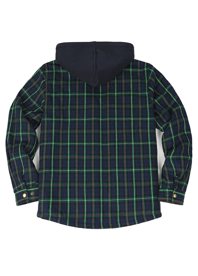 Back view of the Navy Green men's snap front plaid shirt jacket