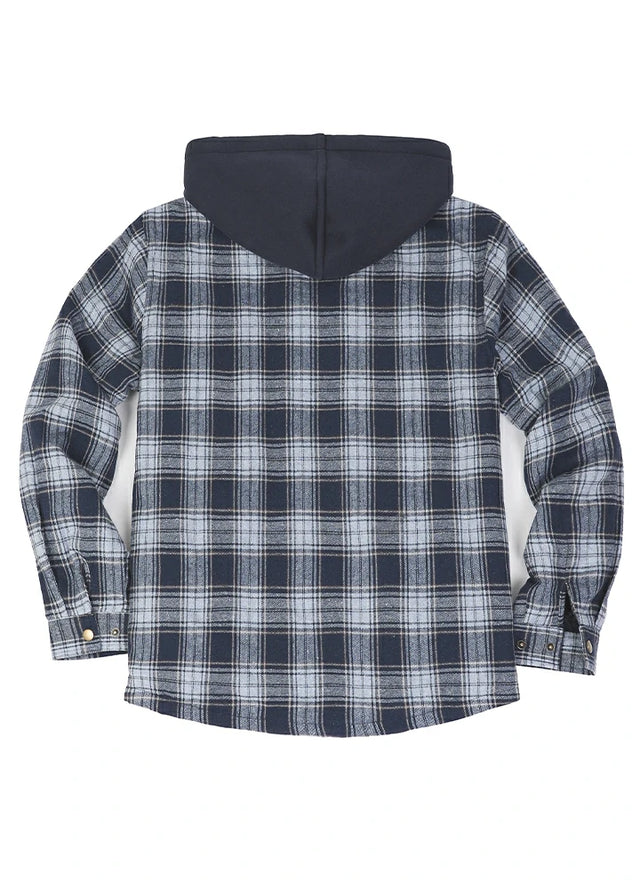 Back view of the Navy white men's snap front closure plaid jacket