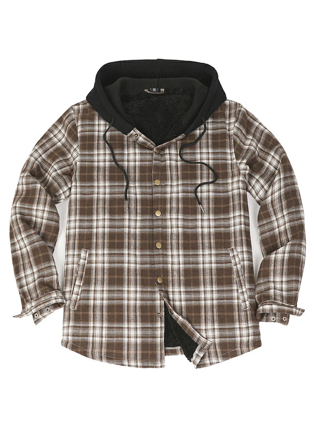 Front view of the coffee white men's sherpa lined hooded flannel jacket