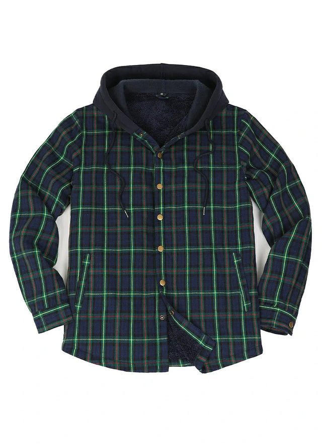 Front view of the Navy Green men's snap front plaid shirt jacket