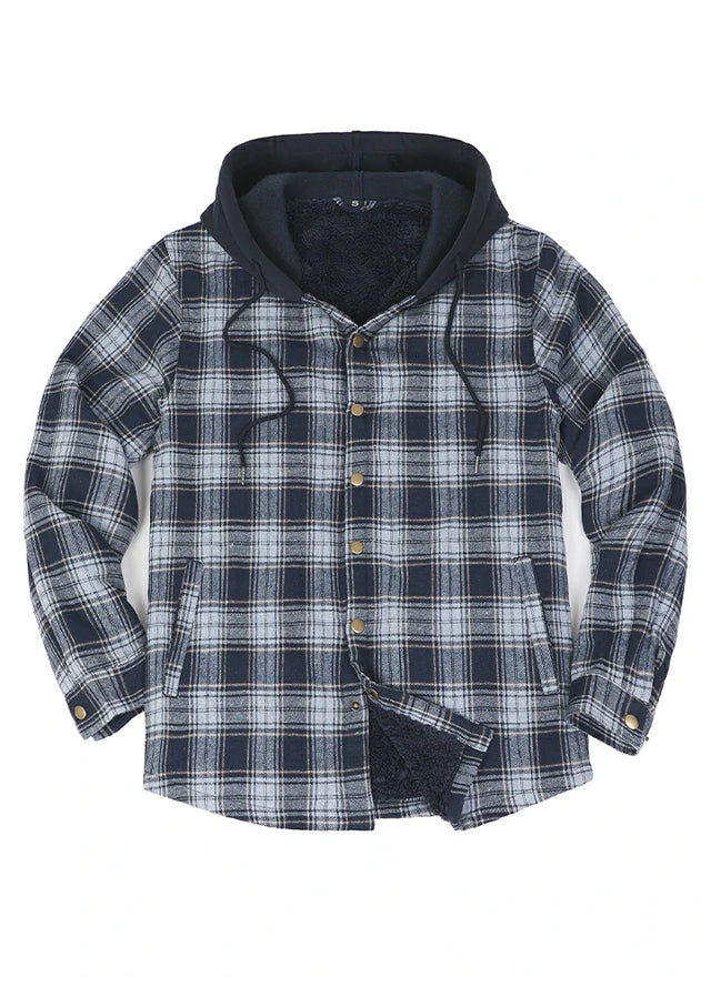 Front view of the Navy white men's snap front closure plaid jacket