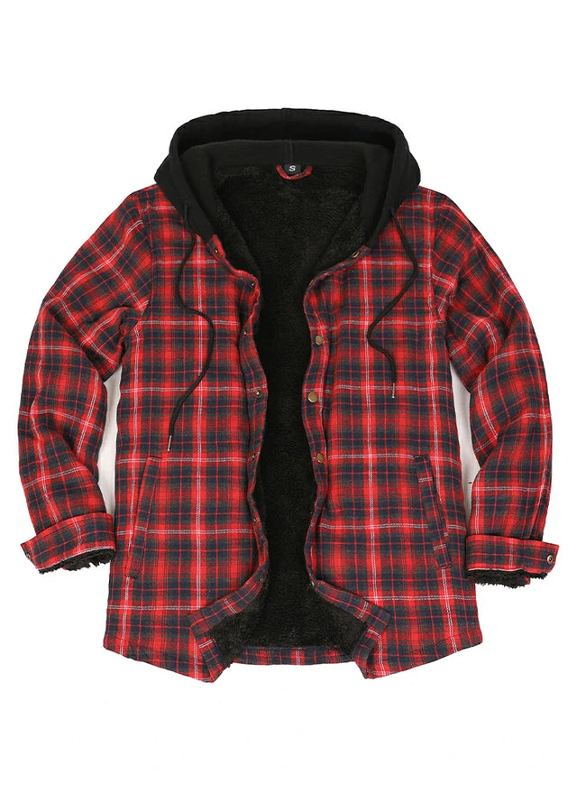 Men's Hooded Flannel Shirt Jacket,Snap Front,Sherpa-Lined Plaid