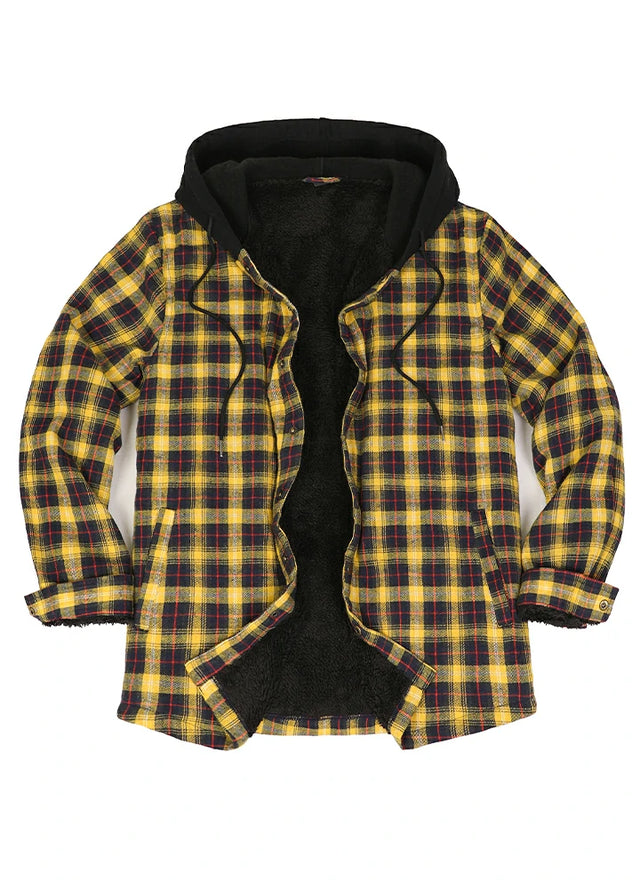 Men's Hooded Flannel Shirt Jacket,Snap Front,Sherpa-Lined Plaid