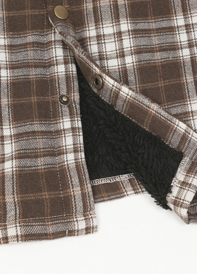 Close-up of the hem of the coffee white men's sherpa lined hooded flannel jacket