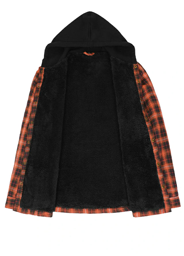 Men's Hooded Flannel Shirt Jacket,Snap Front,Sherpa-Lined Plaid