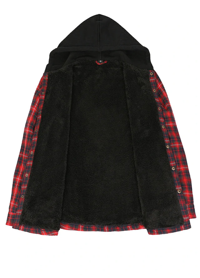 Men's Hooded Flannel Shirt Jacket,Snap Front,Sherpa-Lined Plaid