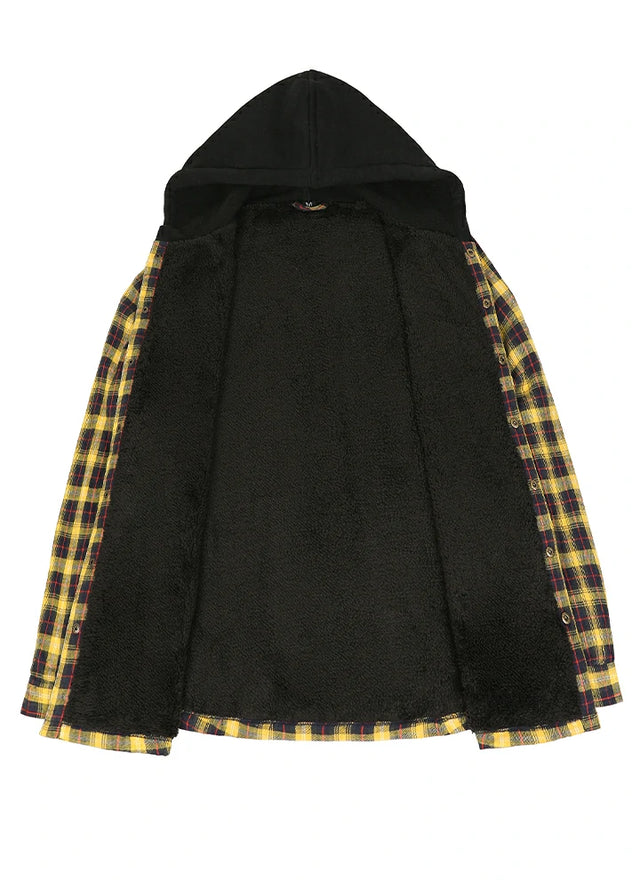 Men's Hooded Flannel Shirt Jacket,Snap Front,Sherpa-Lined Plaid