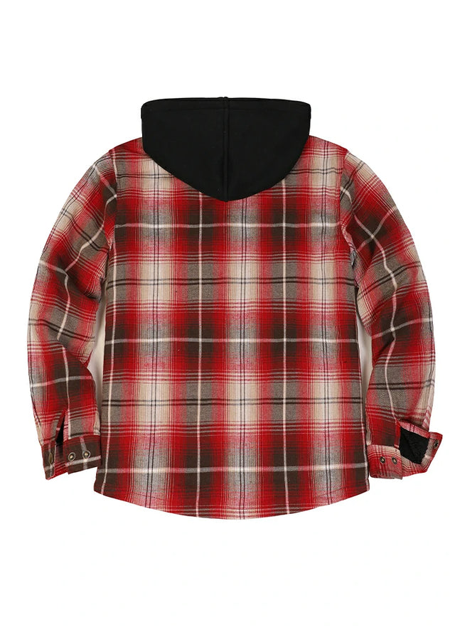 Back view of red khaki men's flannel plaid jacket with hood