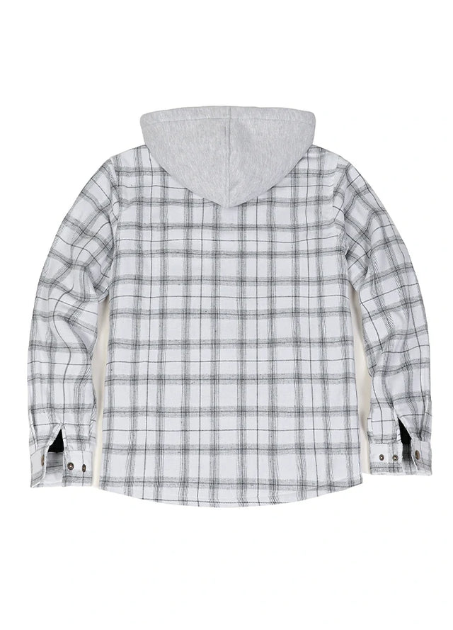 Back view of white gray snap button flannel hoodie for men
