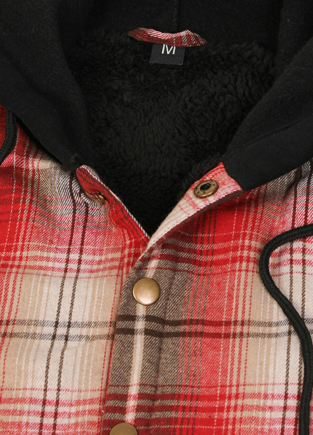 Close-up of the hood of red khaki men's warm hooded flannel jacket
