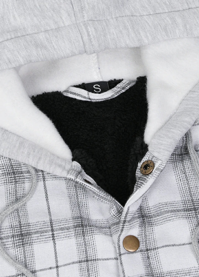 Close-up of the hood of white gray men's snap button flannel jacket with hood