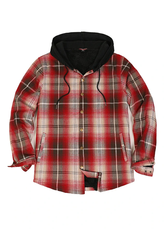 Front view of the snap button closed red khaki men's hooded flannel shacket