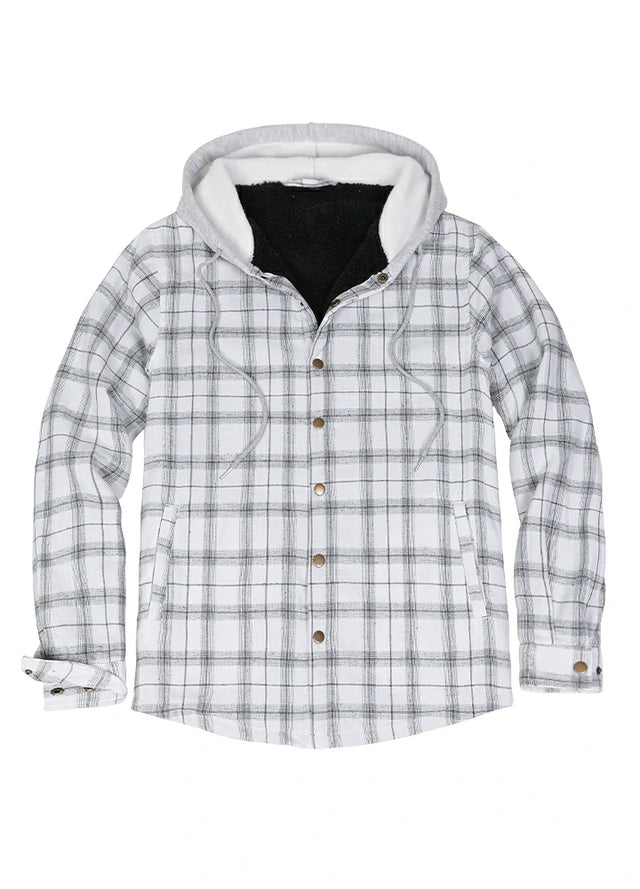 Front view of the zipper closed of white gray men's hooded snap front flannel plaid jacket