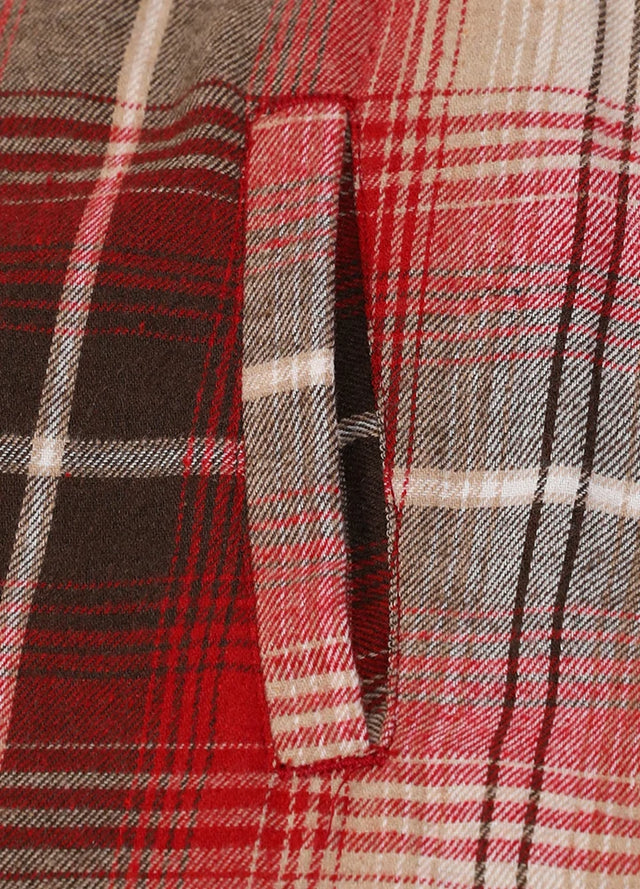 Close-up of the hand pocket of red khaki men's durable hooded flannel plaid jacket