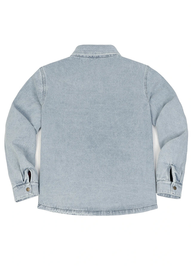 Back view of light washed blue men's classic denim fleece lined shirt jacket-XR8527PB-S,XR8527PB-M,XR8527PB-L,XR8527PB-XL,XR8527PB-XXL