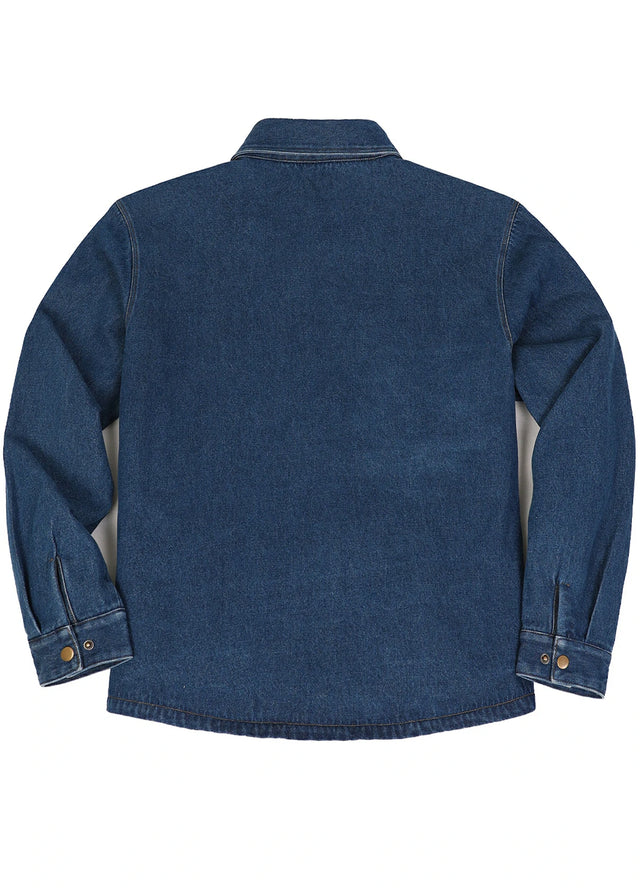 Back view of blue men's classic denim fleece lined shirt jacket-XR8527LS-S,XR8527LS-M,XR8527LS-L,XR8527LS-XL,XR8527LS-XXL