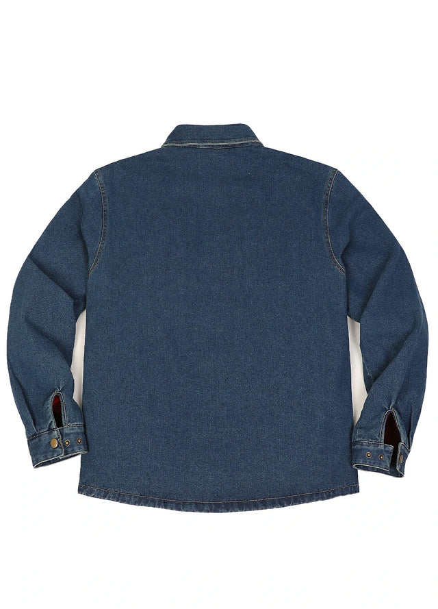 Back view of blue men's classic denim fleece lined shirt jacket-XR8527FGL-S,XR8527FGL-M,XR8527FGL-L,XR8527FGL-XL,XR8527FGL-XXL