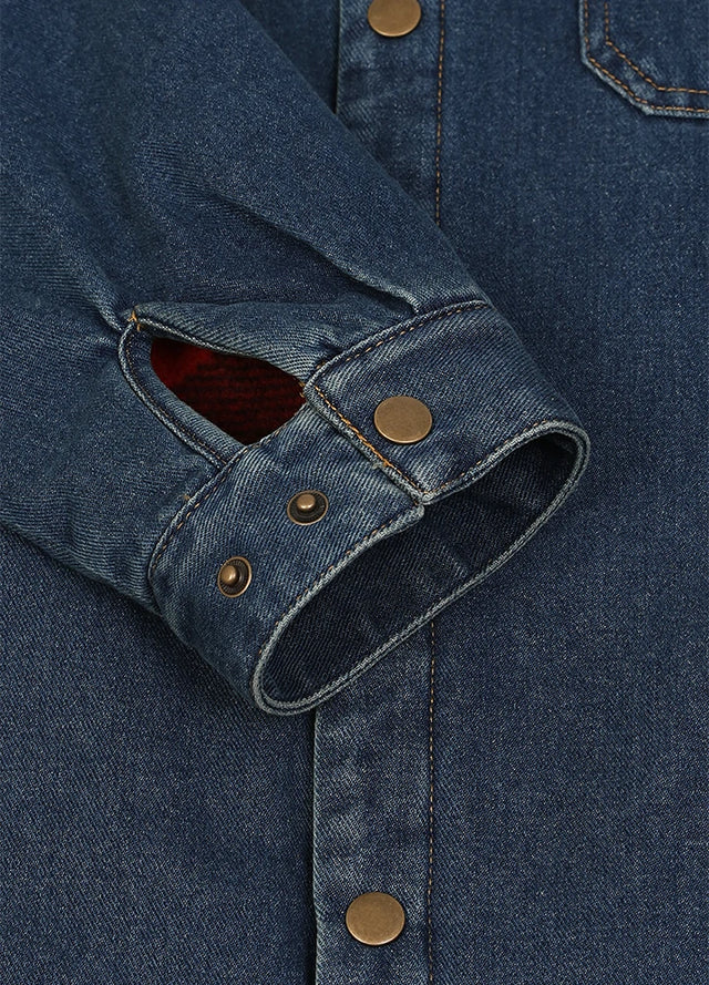 Close-up of the cuff on blue men's classic denim fleece lined shirt jacket-XR8527FGL-S,XR8527FGL-M,XR8527FGL-L,XR8527FGL-XL,XR8527FGL-XXL
