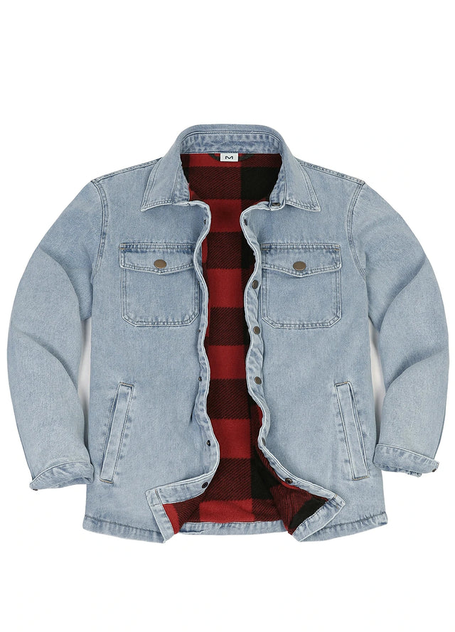 A light blue denim jacket with a red and black buffalo plaid flannel lining, displayed open against a solid white background.