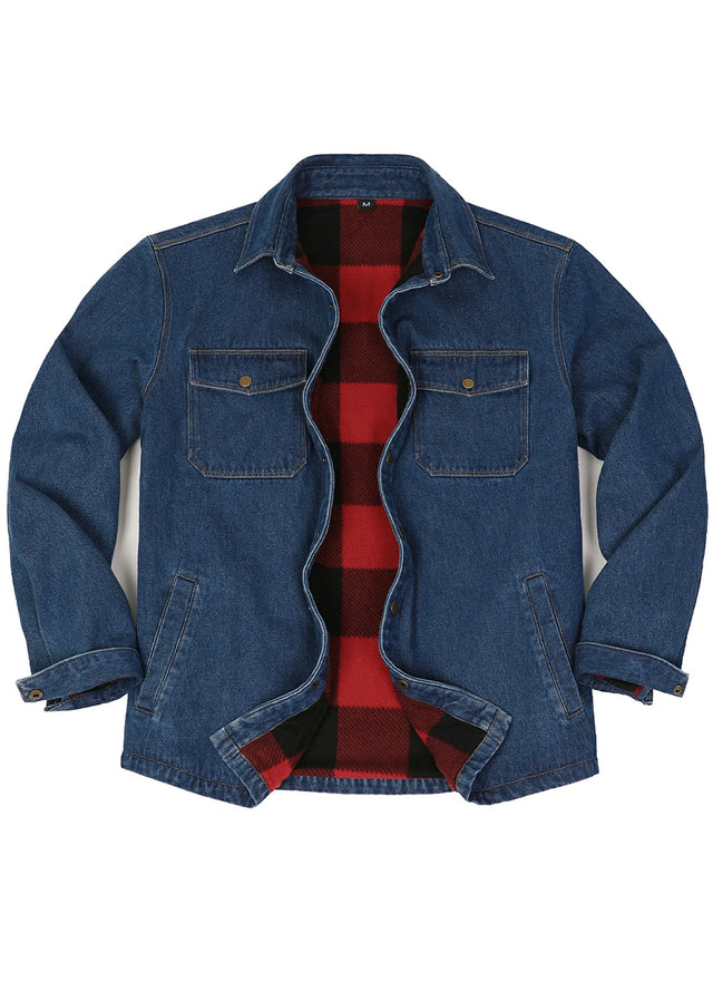 Front view of blue men's classic denim fleece lined shirt jacket-XR8527LS-S,XR8527LS-M,XR8527LS-L,XR8527LS-XL,XR8527LS-XXL