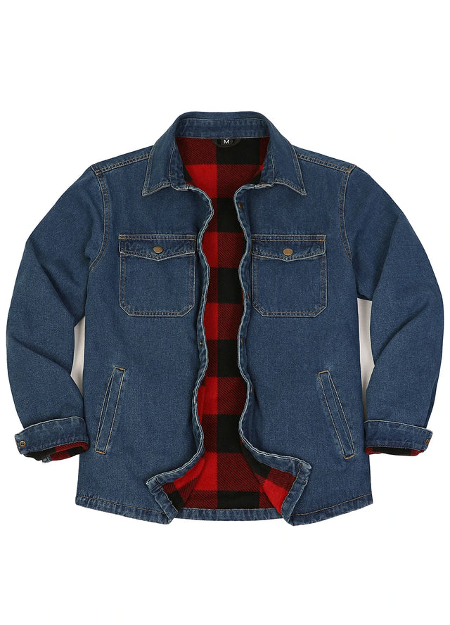 Front view of vintage blue men's classic denim fleece lined shirt jacket-XR8527FGL-S,XR8527FGL-M,XR8527FGL-L,XR8527FGL-XL,XR8527FGL-XXL