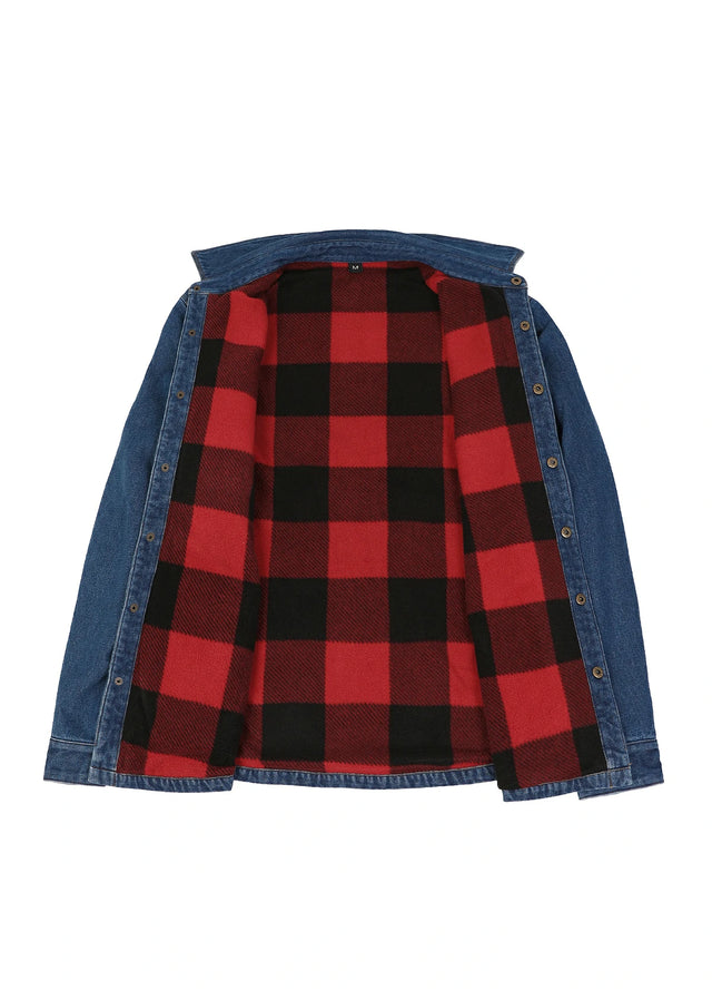 Open view showing the lining of blue men's classic denim fleece lined shirt jacket-XR8527LS-S,XR8527LS-M,XR8527LS-L,XR8527LS-XL,XR8527LS-XXL