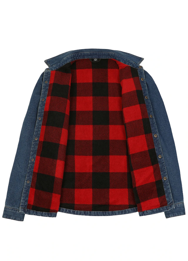 Open view showing the lining of blue men's classic denim fleece lined shirt jacket-XR8527FGL-S,XR8527FGL-M,XR8527FGL-L,XR8527FGL-XL,XR8527FGL-XXL